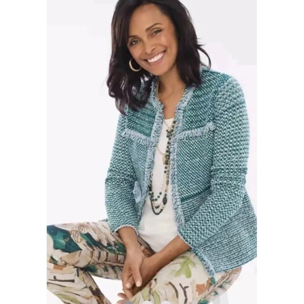Chicos Structured Tweed Cardigan Blazer size 1 Medium Blue Fringe Wool Blend